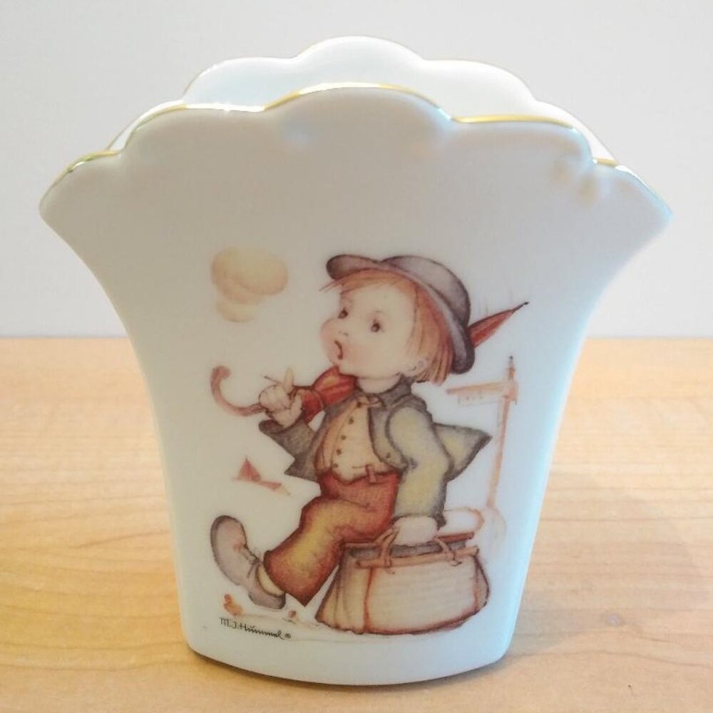 Vintage M.J. Hummel Porcelain Collectible Vase with Scalloped Gold Tone Rim
